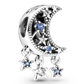 S925 silver crescent moon and stars charm with blue zircons for jewelry making - Star Moon Hanging Pendant (008)