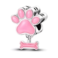 Silver bead charm featuring a pink enamel paw print and a dangling bone pendant - Pink Paw Small Bone (036)