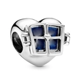 Abalorio de corazón plateado con diseño de ventana azul y relieve para joyería DIY - Estilo Ventana Corazón Azul Plata (029)