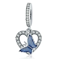 Exquisite silver heart pendant charm with blue enamel butterfly and zircon accents - Silver Blue