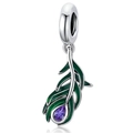 Peacock feather pendant charm in silver metal with green enamel and purple gemstone - Silver Green Purple