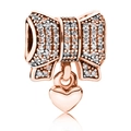 Charme de nœud élégant en or rose avec pavé étincelant et petit pendentif en cœur - Nœud Or Rose (029)