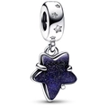 Star-shaped bead with dark blue glitter enamel and silver hollow star-carved ring - Starry Five-pointed Star (004)