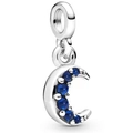 Polished silver crescent moon dangle charm with deep blue pavé crystals for DIY bracelets - Pave Blue Diamond Crescent (005)