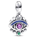 Polished silver evil eye charm with purple gemstone and blue enamel detail on white background - Purple Zirconia Evil Eye Style (5278561255358)