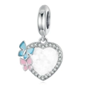 Pendentif cœur en argent avec papillons bleu et rose et incrustation en nacre - Papillon Nacre Cœur Pavé (029)
