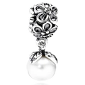 Vintage silver flower charm with a round white pearl for necklaces and bracelets - Artificial Pearl Hollow Flower (033)