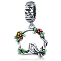 Silver LOVE charm with floral vine wreath, colorful enamel flowers and a bird detail - 040