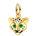 Goldener Leoparden-Charm mit smaragdgrünen Augen und schwarzen Emaille-Punkten für Ketten - Gold Leopardkopf Grünes Auge (017)