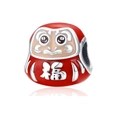 Abalorio Daruma rojo con carácter Fu de la suerte y acabado plateado para pulseras - Estilo de Daruma con Carácter Fu (014)