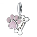 Pink enamel pet paw and bone charm with Baby engraving for charm bracelets - Pink Paw and Baby Bone (013)