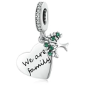 Silver charm with We are family engraving and green gem Tree of Life pendant - 041
