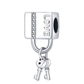 Ciondolo lucchetto d'amore in argento con zirconi e chiavi a cuore per bracciali fai-da-te - 008: Lucchetto Quadrato Argento con Chiave a Cuore