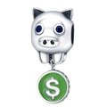 Abalorio de cerdo plateado con ojos azules y colgante de dólar esmaltado verde - Estilo de Cerdito con Etiqueta de Dólar (015)