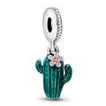 Silberner Kaktus-Anhänger mit grünem Emaille und rosa Blume für DIY-Armbänder - Dunkelgrüner Punktkaktus (030)