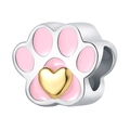 Pink enamel cat paw charm bead in silver finish with golden heart detail for DIY bracelets - Silver Pink and Gold Heart Paw (037)