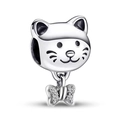 Silver cat charm with a sparkling cubic zirconia bow for Pandora style bracelets - Silver Cat and Bow (016)