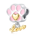 Pink paw print charm with gold Love heart pendant for DIY bracelets and jewelry - Silver Pink Paw Love Pendant (038)