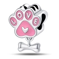 Pink enamel paw print charm with LOVE engraving and hanging bone pendant for bracelets - Love Paw Mini Bone (039)