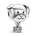 Silver dog charm with sparkling bone pendant featuring clear zircon stones for bracelets - Silver Dog and Bone (018)