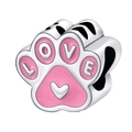 Pink enamel silver pet paw charm with LOVE lettering and heart motif for bracelets - Pink Enamel LOVE Paw (040)