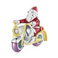 Christmas Santa Claus on motorcycle charm in S925 silver with colorful enamel and zircon - Santa Claus Motorcycle Design