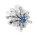 Daisy charm bead with white micro-pave stones and blue crystals on polished silver finish - Blue Center Daisy (015)