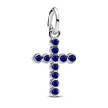 Silberner Kreuzanhänger mit elf runden blauen Saphiren und sicherem Karabinerverschluss - Blauer Edelstein Kreuz Haken-Stil (Z-019)