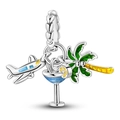 Silberner Reise-Charm-Anhänger mit Flugzeug, Cocktailglas und tropischer Palme für Damen - Sommer Reiseset (005)