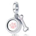 Silver metal pet charm with pink paw print and bone pendant featuring sparkly gems - Pink Paw and Bone Pendant (021)