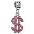 Abalorio de signo de dólar con pedrería rosa para pulseras DIY en acabado de plata - Estilo de Dólar de Plata y Diamante Rosa (023)