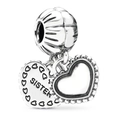 Silver-toned double heart pendant bead featuring 'SISTER' engraving and wavy openwork design - SISTER Engraved Heart Pendant Style (5278561255371)