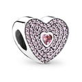Pink heart charm in sterling silver with pavé-set zircons and a large central pink gem - Pink Pave Double Heart (043)