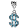 Colgante signo de dólar plateado con cristales azules para pulseras DIY - Estilo de Dólar de Plata y Zirconia Azul Claro (026)