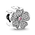 Polished silver five-petal flower charm with pink heart crystal and pavé zirconia - Pink Main Stone Pave Floral Style (5278561255372)