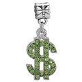 Colgante charm plateado con signo de dólar y cristales verdes brillantes incrustados - Estilo de Dólar de Plata y Zirconia Verde (027)