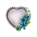 Pink heart bead charm with blue enamel flowers for DIY jewelry making and bracelets - 039