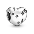 S925 sterling silver heart charm with black star-shaped stones for DIY bracelets - Black Starburst Heart (007)
