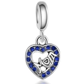 Polished silver heart charm with Mom engraving and blue rhinestones on a white surface - Silver Blue