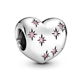 Sparkling pink crystal heart charm in S925 silver with starburst engraving for bracelets - Light Pink Starburst Heart (008)