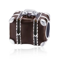 Brown vintage suitcase charm with silver trim and enamel finish for bead bracelets - Vintage Suitcase Design