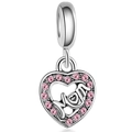 Silver heart charm with pink stones and MOM lettering for personalized bracelets - MOM Pink Gem Heart Hollow Charm (利耀-041) / Silver Pink