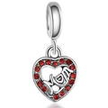 Silver heart charm with red cubic zirconia and Mom lettering for bead bracelets - Silver Red