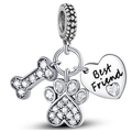 Silver bead charm with sparkling bone, paw print and Best Friend heart pendant - Best Friend Bone Paw Heart (031)