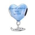 Blauer Emaille-Herzanhänger mit Flugzeug und Travel round the world Gravur - Reise Welt Flugzeug Herz (032)