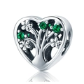 Abalorio de corazón plateado con árbol de la vida y cristales verdes para pulseras - Estilo Corazón Árbol de la Vida (011)