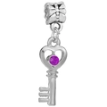 Ciondolo a chiave a cuore in argento con cristallo viola per bracciale e collana - 023: Chiave a Cuore Argento con Pietra Viola