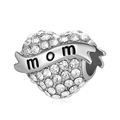 Abalorio corazón de plata con circonitas blancas y grabado 'mom' para pulsera - Estilo Corazón MOM Pavé Plateado B (018)