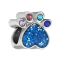 Silver animal paw bead charm with heart-shaped blue glitter and multicolor gemstones - Multicolor Stone Heart Paw (032)