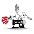Silver sewing machine dress and scissors charm pendant with red enamel for DIY bracelets - Sewing Machine Scissors And Skirt Style (13)